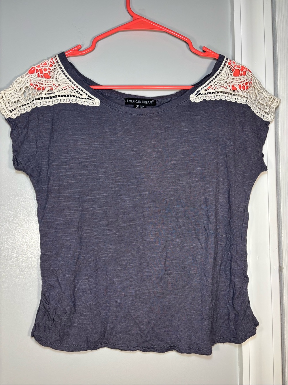 American Dream Boho Crochet Lace Shoulder Top Gray XS